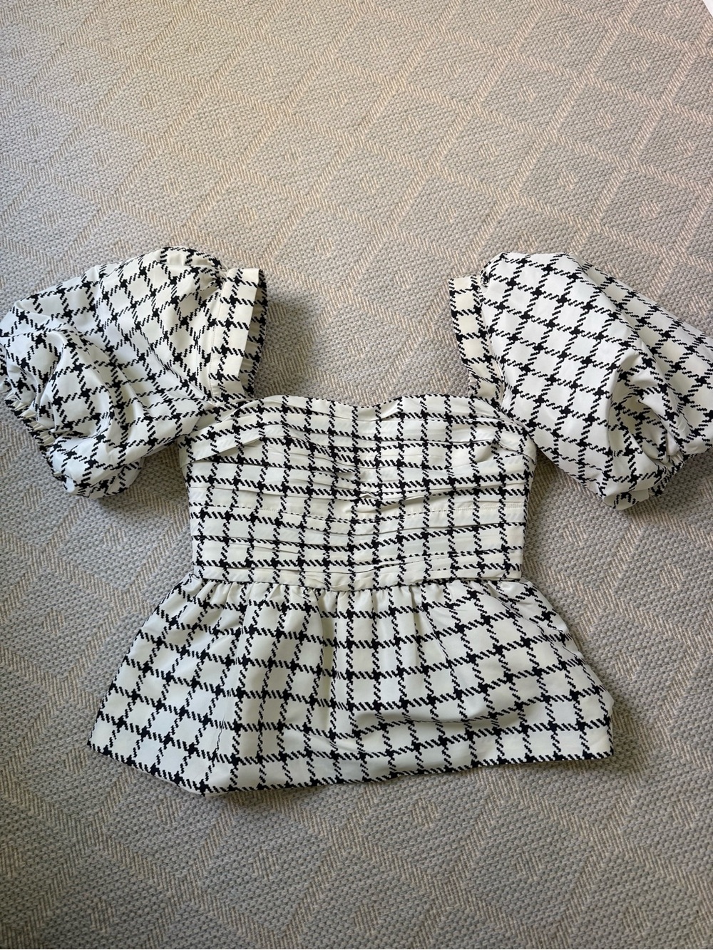 Self-Portrait Black and White Checked Puff-Sleeve Peplum Top
